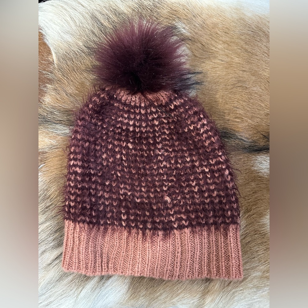 Maurices Burgundy and Pink Knit Beanie with Pom